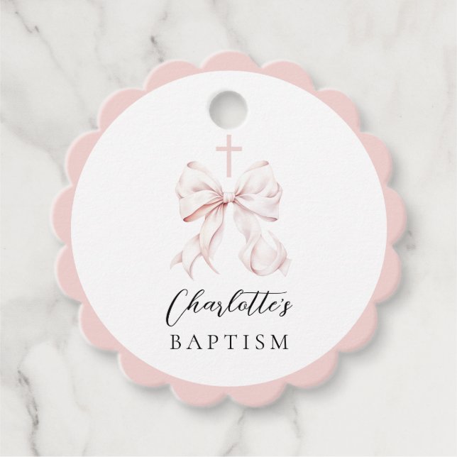 Pink Bow Baptism Favour Tags (Front)