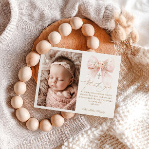 Pink Bow Baptism Flat Thank You Card