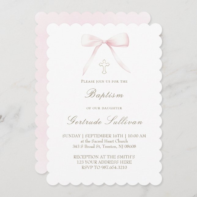 pink bow | Baptism girl Invitation (Front/Back)