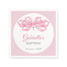 Pink Bow Baptism Napkins Custom Watercolor Cross