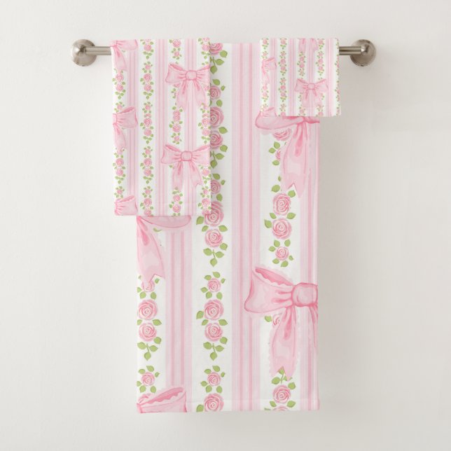 Pink bow bath towel, coquette bathroom decor towel set (Insitu)