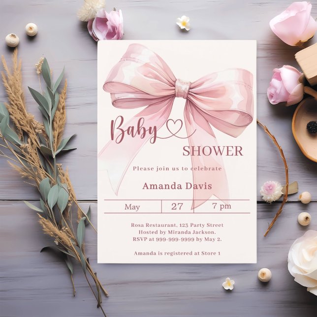 Pink bow beige cream girl elegant Baby Shower Invitation (Creator Uploaded)