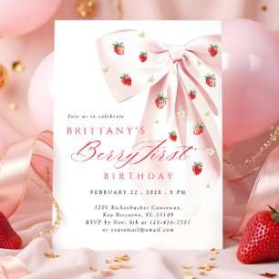 Pink Bow Berry First Birthday Invitation