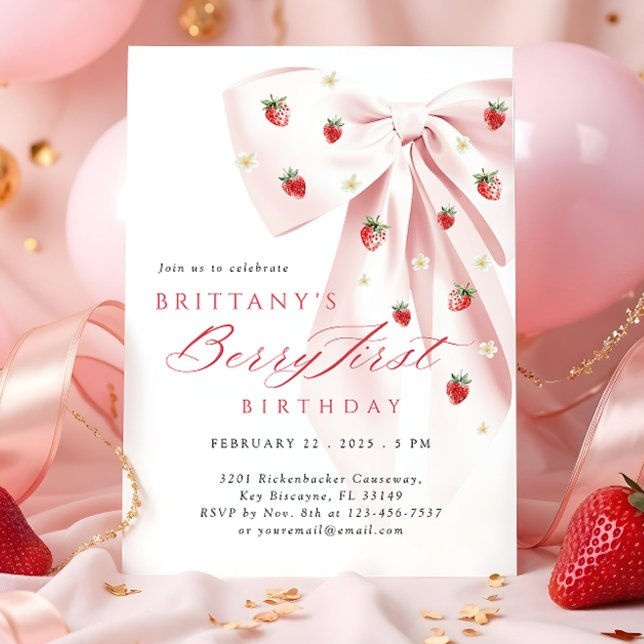 Pink Bow Berry First Birthday Invitation (Creator Uploaded)