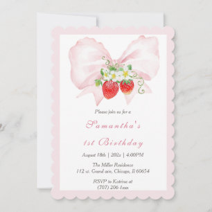 Pink Bow Berry First Birthday Invitation Template
