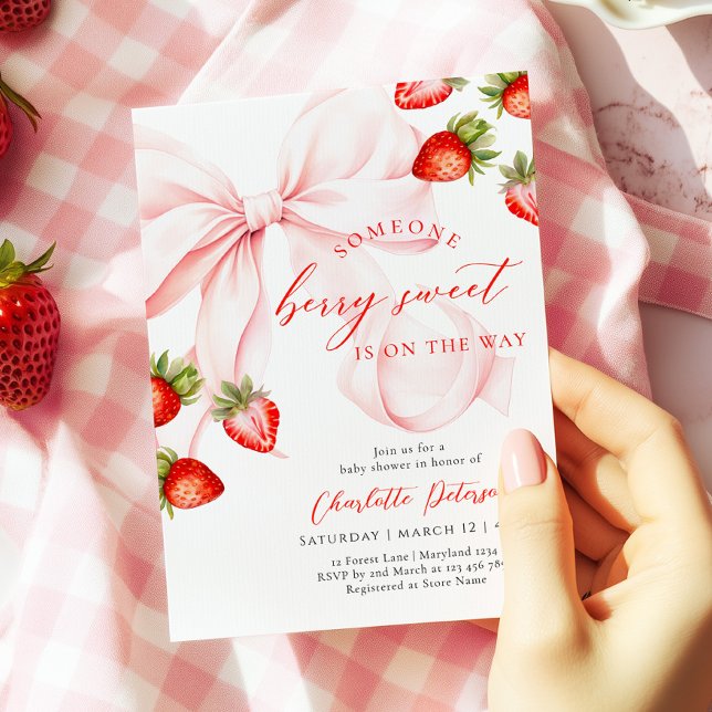 Pink Bow Berry Sweet Baby Shower Invitation (Creator Uploaded)