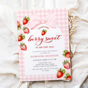 Pink Bow Berry Sweet Strawberry Baby Shower Invitation