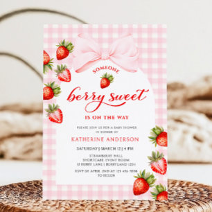 Pink Bow Berry Sweet Strawberry Baby Shower Invitation