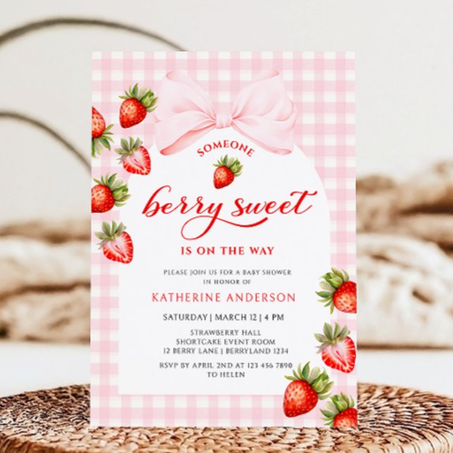 Pink Bow Berry Sweet Strawberry Baby Shower Invitation (Creator Uploaded)