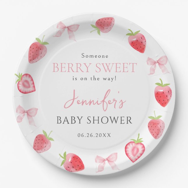 Pink Bow Berry Sweet Summer Baby Girl Shower Paper Plate (Front)