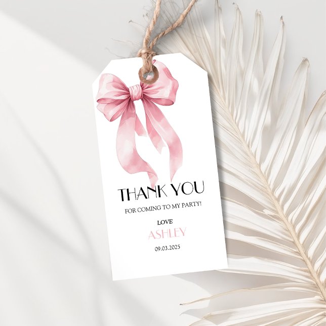 Pink Bow Birthday  Gift Tags (Pink bow thank you gift tag.)
