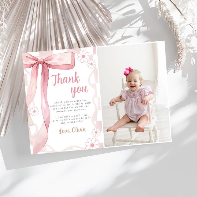 Pink Bow Birthday Girl Photo Thank You Card (Creator Uploaded)