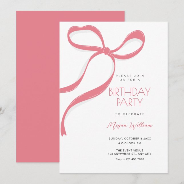 Pink bow birthday invitation (Front/Back)