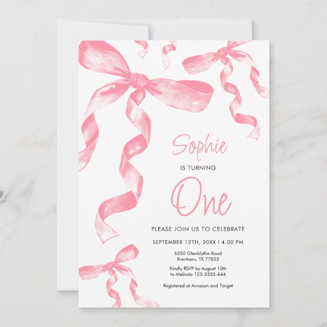Pink Bow Birthday Invitation (Front)