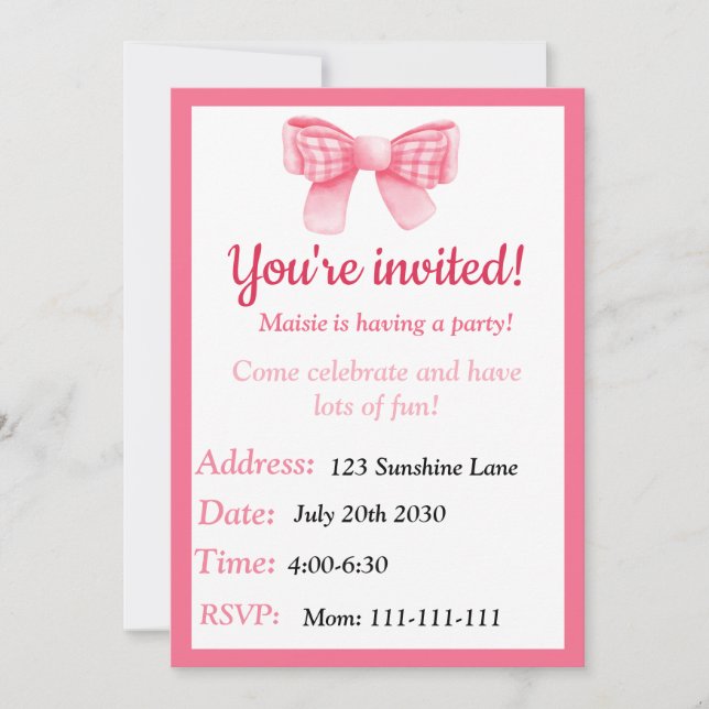 Pink Bow Birthday Invitation (Front)