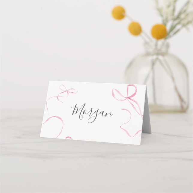 Pink bow Birthday Invitation, Preppy Girl Birthday Place Card (Front)