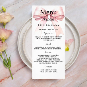 Pink bow birthday menu card