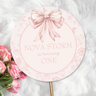 Pink Bow Birthday Party Whimsy Toile Personalised Classic Round Sticker