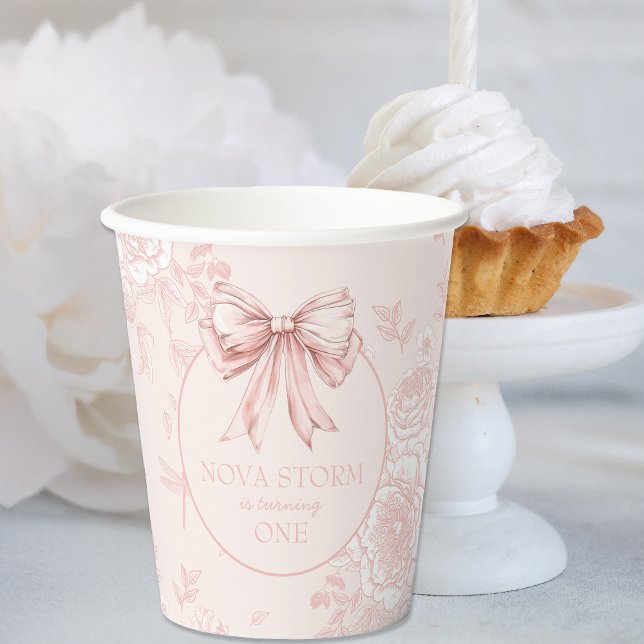 Pink Bow Birthday Party Whimsy Toile Personalised Paper Cups (Creator Uploaded)