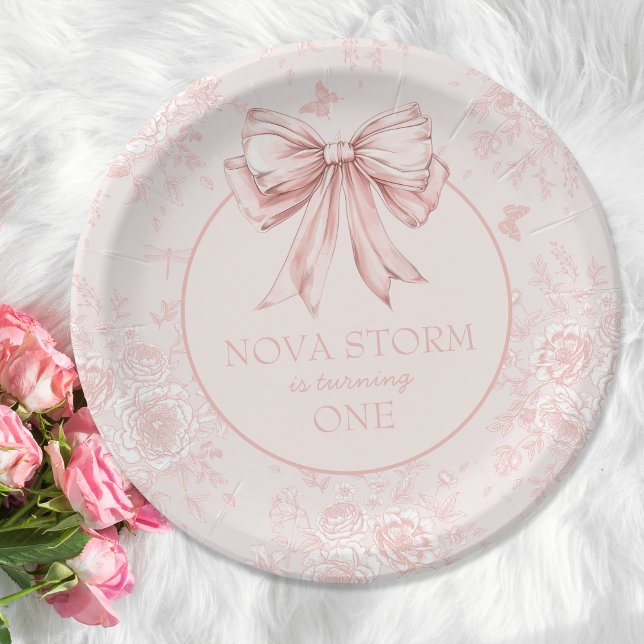 Pink Bow Birthday Party Whimsy Toile Personalised Paper Plate (Creator Uploaded)