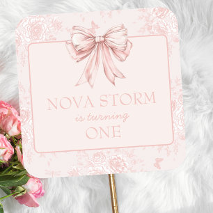 Pink Bow Birthday Party Whimsy Toile Personalised Square Sticker