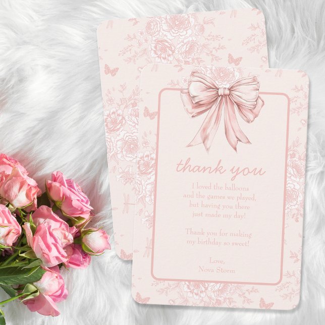 Pink Bow Birthday Party Whimsy Toile Personalised Thank You Card (Creator Uploaded)