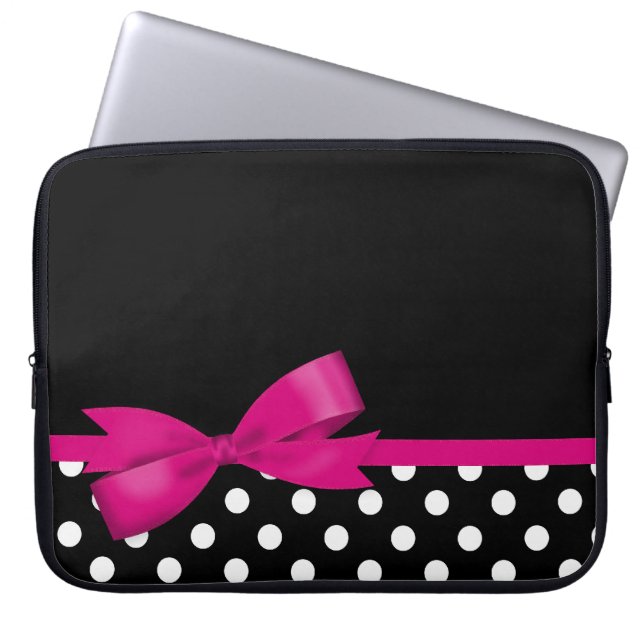 Pink Bow Black and White Polka Dots Laptop Sleeve (Front)