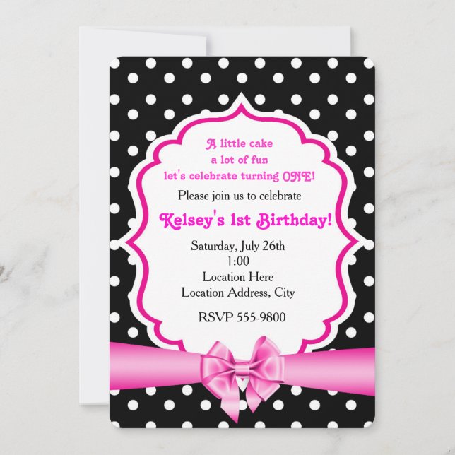 Pink Bow Black White Polka Dot Party Invitation (Front)