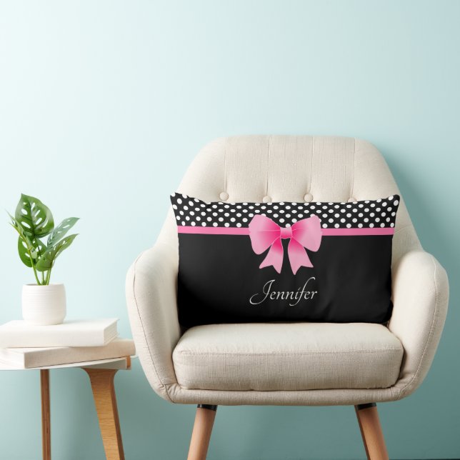 Pink Bow Black & White Polka Dots Pattern Name Lum Lumbar Cushion (Chair)