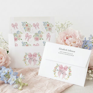 Pink Bow Bloom Baby Shower Return Address Envelope