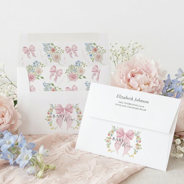 Pink Bow Bloom Baby Shower Return Address Envelope (Creator Uploaded)