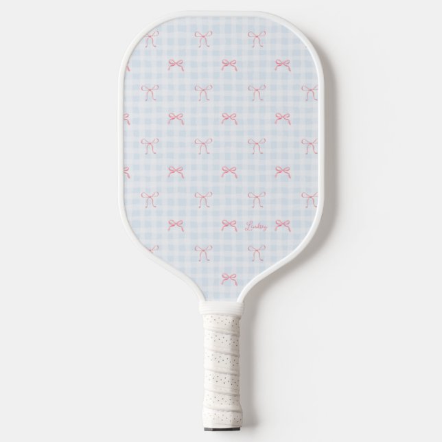 Pink Bow Blue Gingham Personalised Name Pickleball Paddle (Front)