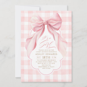 Pink Bow Blush Gingham Elegant Girl Baby Shower Invitation