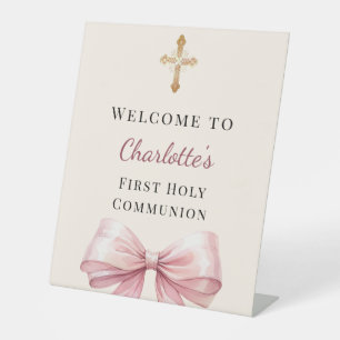 Pink bow blush ivory First Holy Communion welcome Pedestal Sign