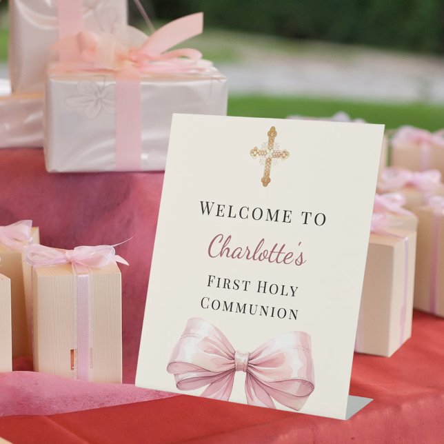 Pink bow blush ivory First Holy Communion welcome Pedestal Sign (Creator Uploaded)