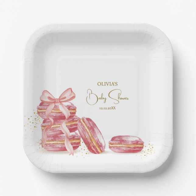 Pink Bow Bonjour Bébé French Macarons Baby Shower  Paper Plate (Front)