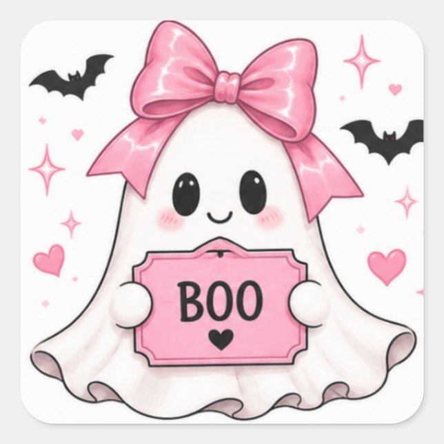 Pink Bow BOO Ghost Coquette Halloween Square Sticker (Front)