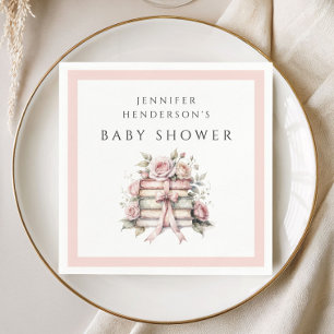 Pink Bow Bookstack Baby Shower Napkin