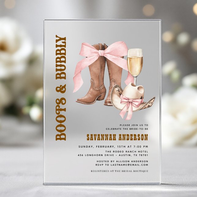 Pink Bow Boots & Bubbly Western Bridal Shower Acrylic Invitations (Creator Uploaded)