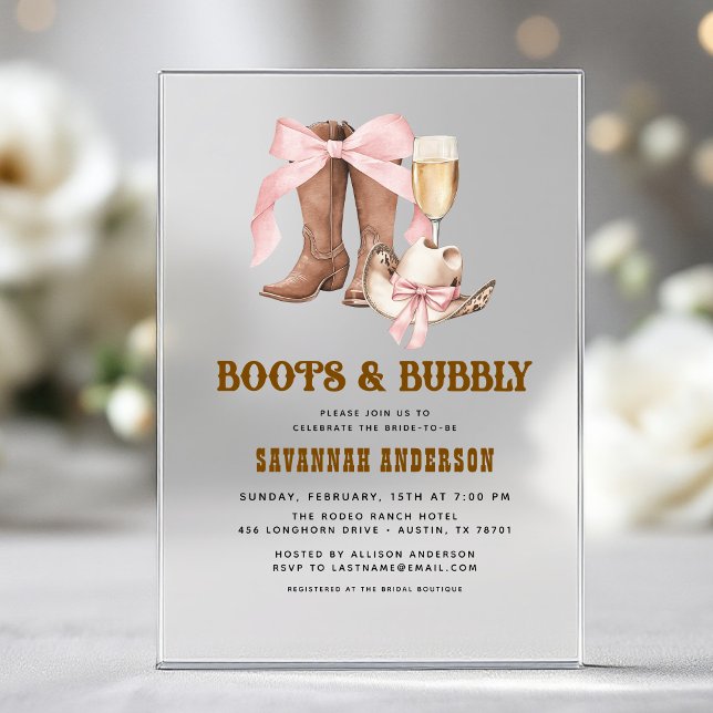 Pink Bow Boots & Bubbly Western Bridal Shower Acrylic Invitations (Creator Uploaded)