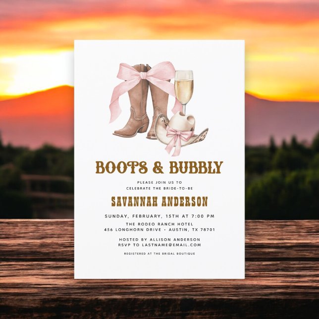 Pink Bow Boots & Bubbly Western Bridal Shower Invitation (Creator Uploaded)