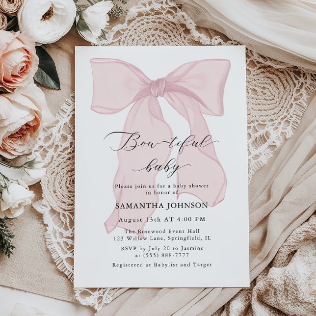 Pink Bow Bowtiful Baby Girl Baby Shower Invitation (Creator Uploaded)