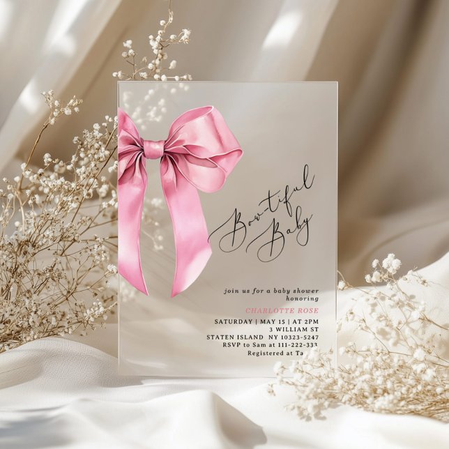 Pink Bow Bowtiful Baby Shower Acrylic Invitations (Creator Uploaded)
