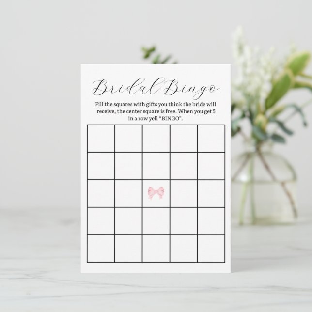 Pink Bow Bridal Shower Bingo Game – Printable Card (Standing Front)