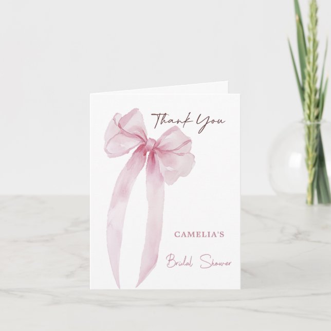 Pink Bow Bridal Shower Folded Thank You Card (Front)