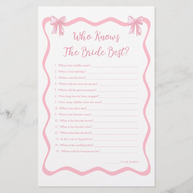 Pink Bow Bridal Shower Game Who Knows Bride Best (Front)