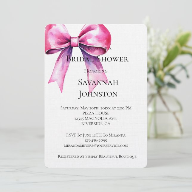 Pink Bow Bridal Shower Invitation (Standing Front)