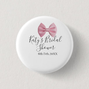 Pink bow bridal shower name date pastel stylish te 3 cm round badge
