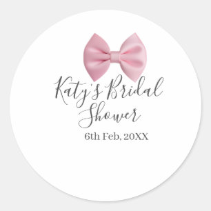 Pink bow bridal shower name date pastel stylish te classic round sticker