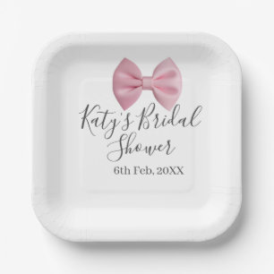 Pink bow bridal shower name date pastel stylish te paper plate